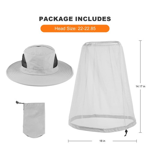 Mosquito Net Hat - Safari Sun Visor Hat with Removable Bug Net for Outdoor Men and Women Light Grey