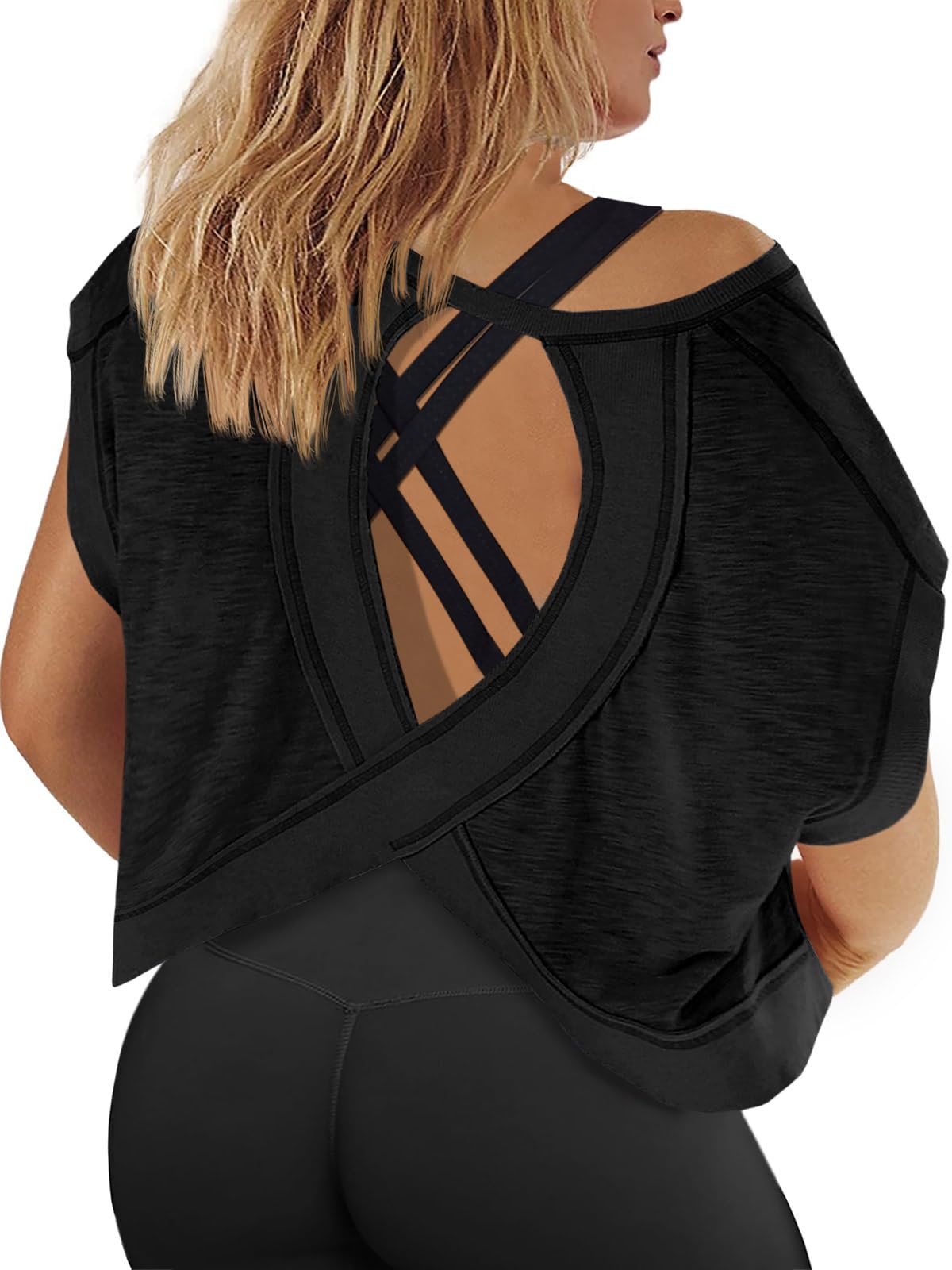 Fisoew Womens Plus Size Open Back Workout Tops Backless Short Sleeve Athletic Shirt Running Crop Top Gym Yoga T-Shirt Black