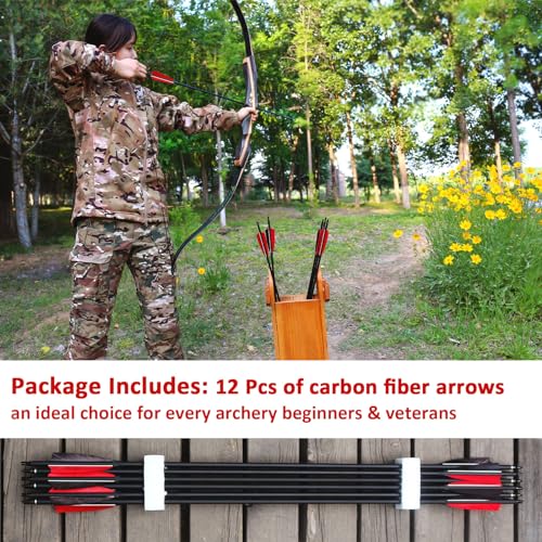 12 Pcs Archery Arrow Set with Feathers and Removable Tips for Recurve Longbow and Compound Bow - 30 Inch