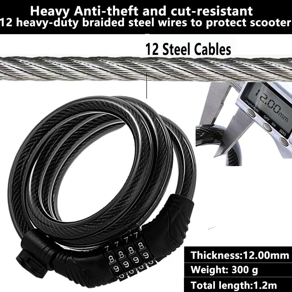 E Scooter Lock,Bike Lock Combination Lock Cable Compatible for Xiaomi M365/Max/GXL/Ninebot/Segway/Moto/Bicycle Locks 4ft Long/0.472In Scooter Anti-Theft Ideal 4-Digit/12 Metal Cables Locks