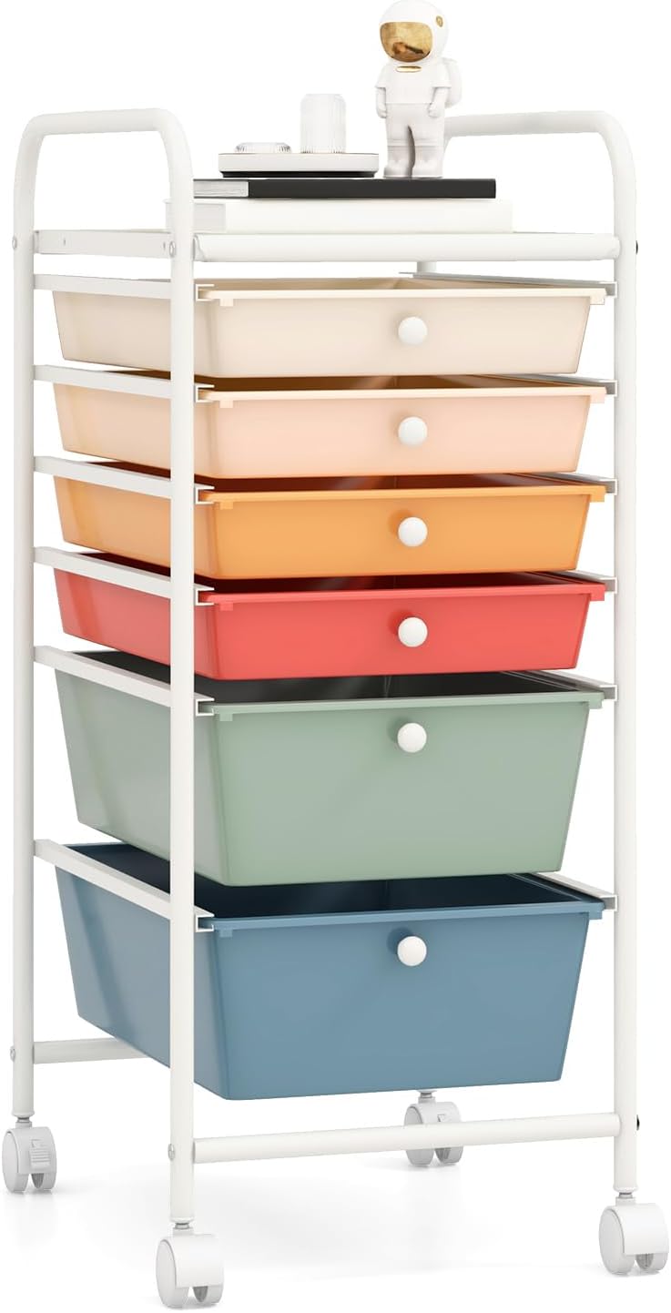 RELAX4LIFE 6-Drawer Rolling Storage Cart - Classroom Organization on Wheels w/Removable Plastic Drawers, Mobile Art Craft Cart for School Paper Home Office, Utility Cart with Drawers (Macaron)