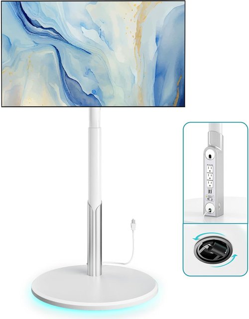 Floor Mobile TV Stand with Power Outlet, Rolling TV Cart for 27-65 Inch OLED LED Monitors, 6 Levels of Height Adjustment, Ambient Lighting on The Bottom Wheels Holds up to 88lbs, 400x400mm