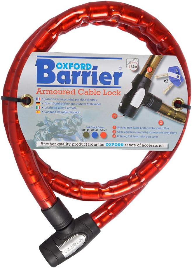 Oxford OF145 Smoke 25mm Diameter 4.9' Long Barrier Armored Cable Lock