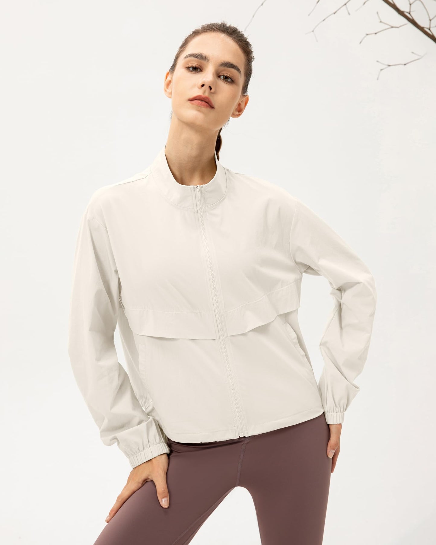 YOQYO Women's Lightweight Zip Up Athletic Workout Jacket Stand Collar Sun Protection Shirts Outdoor Jackets Beige XL
