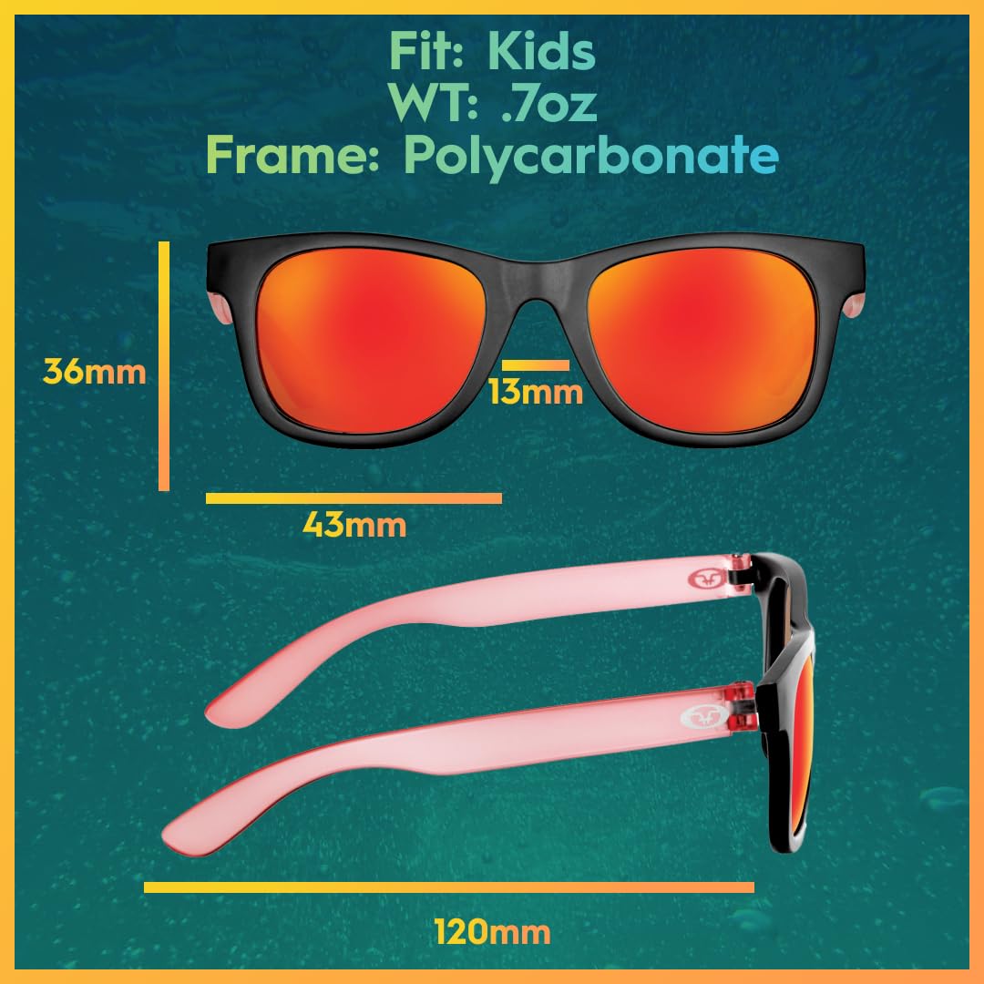 Flying Fisherman Spray Jr. Polarized Rectangular Sunglasses, Black-Red Frame/Red Mirror Lens, Small Kids