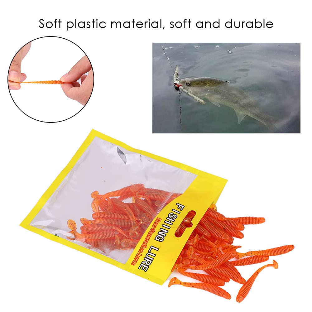 50PCS Fishing Lures Kit, 2in Plastic Fishing Soft Lures T Tail Grub Worm Baits Fishing Swimbaits Fishing Fish Tackle Accessories (Orange)