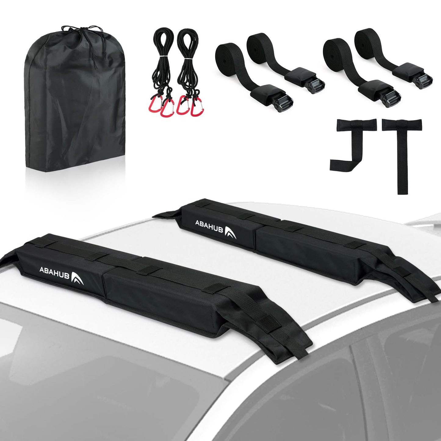 Abahub Car Soft Roof Rack Pads for Kayak,Canon,Surfboard,SUP Include 2 Tie Down Rope, 2 Quick Loop Strap, 2 Heavy Duty Tie Down Straps and a Storage Bag(Black)