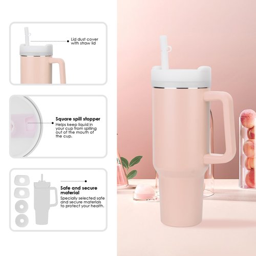 Stanley 2 Pcs Replacement Lids for 40 Oz Tumbler - Silicone Spill Stopper Set with Dust Cover, Straw Lid & Reusable Straws (Pink)