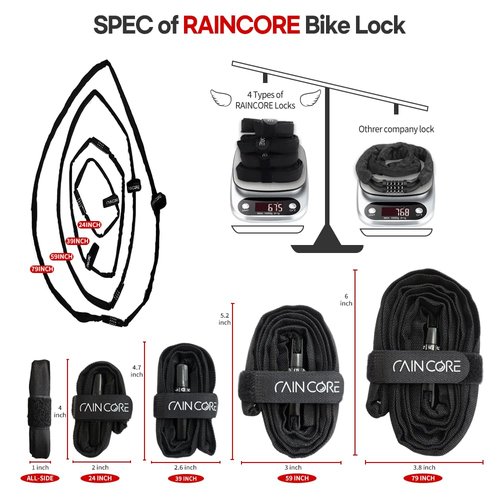 RAINCORE Light Weight Bike Cable Lock for Heavy Duti Anti Theft - 39inch (100cm) - 0.33lb (151g) - Bike Chain Lock with Chain Cutter Proof Fiber - Patented Korea - Security Cable (39 inches)