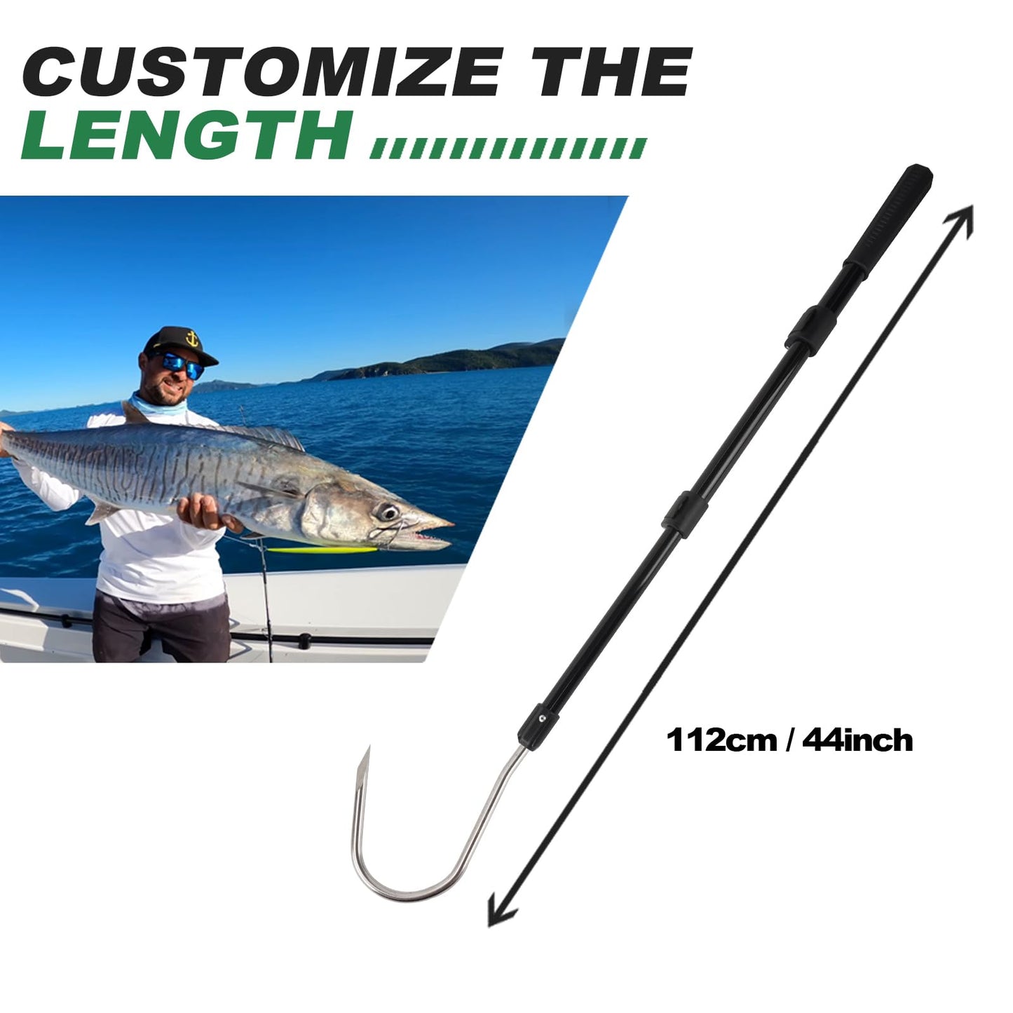 Fishing Gaff Spear Hook Stick with Stainless Gig Hook, Telescopic Aluminium Alloy Pole for Saltwater, Offshore Freshwater Ice Fishing Tool-44inch