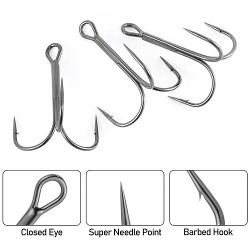 Dr.Fish 30 Pack Fishing Treble Hooks, #14-#6/0, Freshwater & Saltwater, Triple Fishing Hooks for Walleye Catfish Bass Fishing Replacment #14