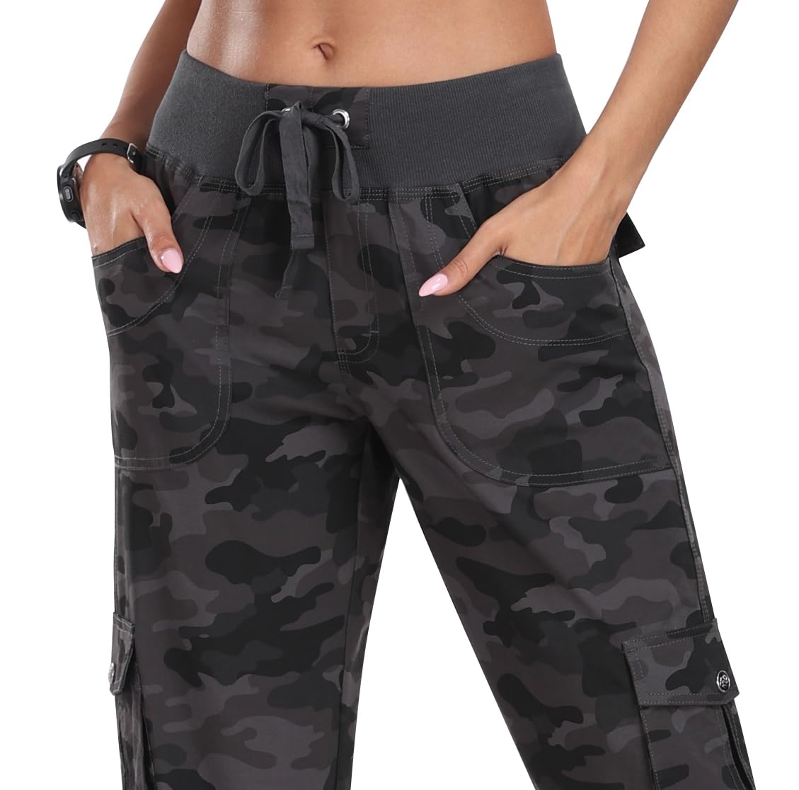 MoFiz Womens Capris with Pockets Loose Fit Casual Capri Pants Dressy Lightweight Ladies Baggy Cargo Pants for Hiking Camo Gray 2XL