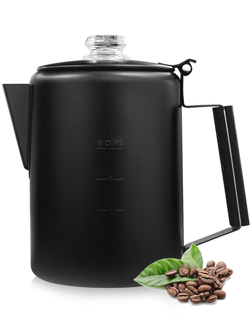 MEREZA Coffee Percolator Stovetop Camping Coffee Pot Stainless Steel 9 CUP Camping Coffee Maker Outdoor Home NO Aluminum or Plastic Black