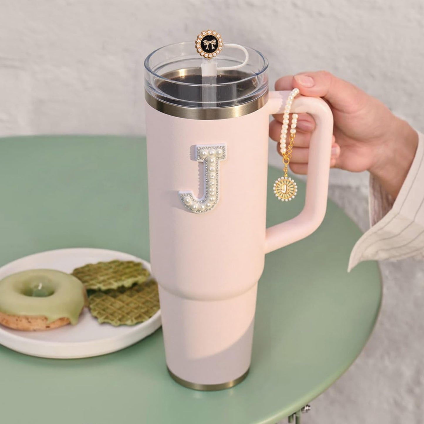 3PCS Cup Accessories Compatible with Stanley - Straw Cover for 30&40 Oz Tumbler 10mm Silicone Straw Topper, Initial Charms Chain for Handle and Letter Sticker Decorations-K