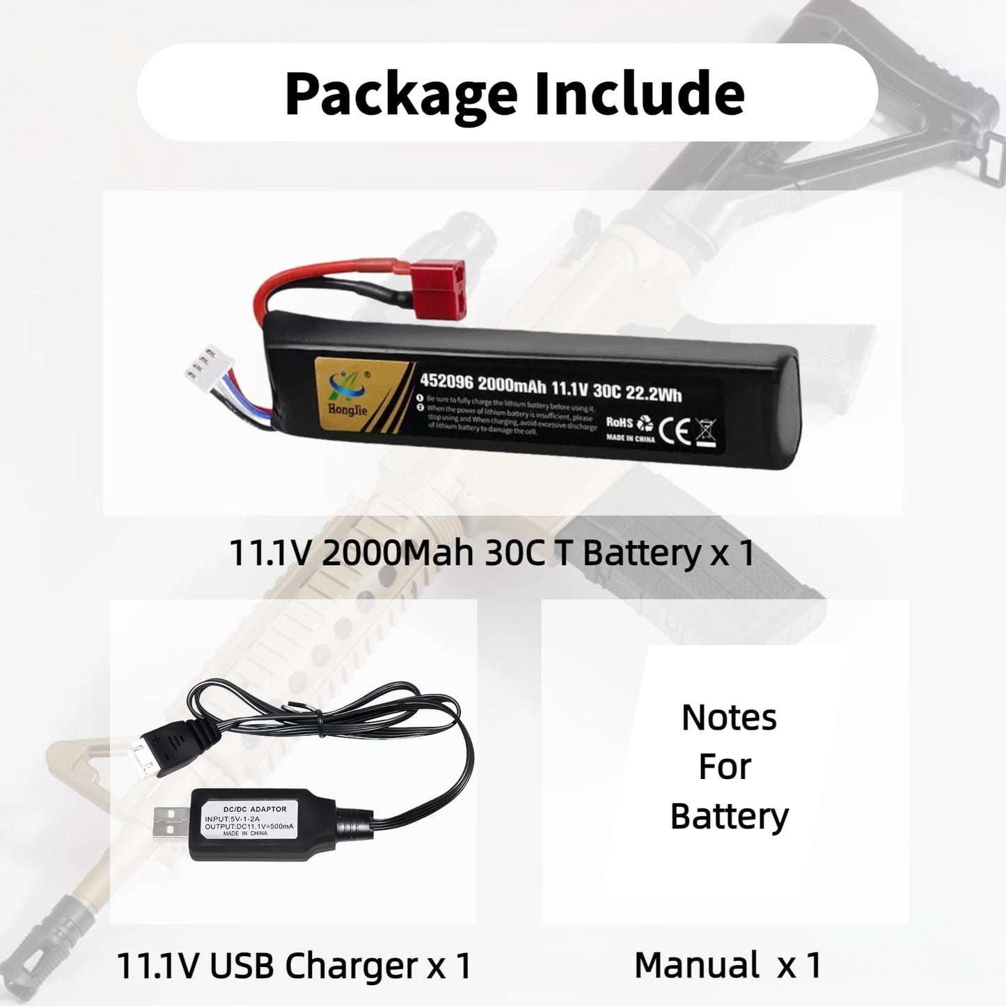Itexkun 11.1V Airsoft Battery 2000mAh 30C Rechargeable Li-Po T Plug 452096 for Most Airsoft Model Guns Gel Water Bead Blaster with USB Cable (3S 452096)