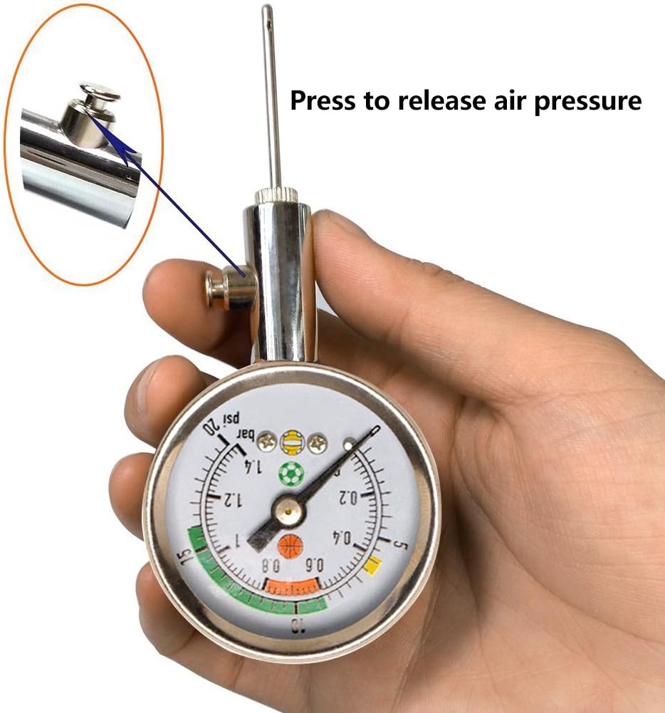 Firelong Accurate Ball Pressure Gauge - Heavy Duty Metal Made, Test and Adjust Analog Gauge for Football, Soccer, Rugby, Basketball, Volleyball and Other Sports Balls