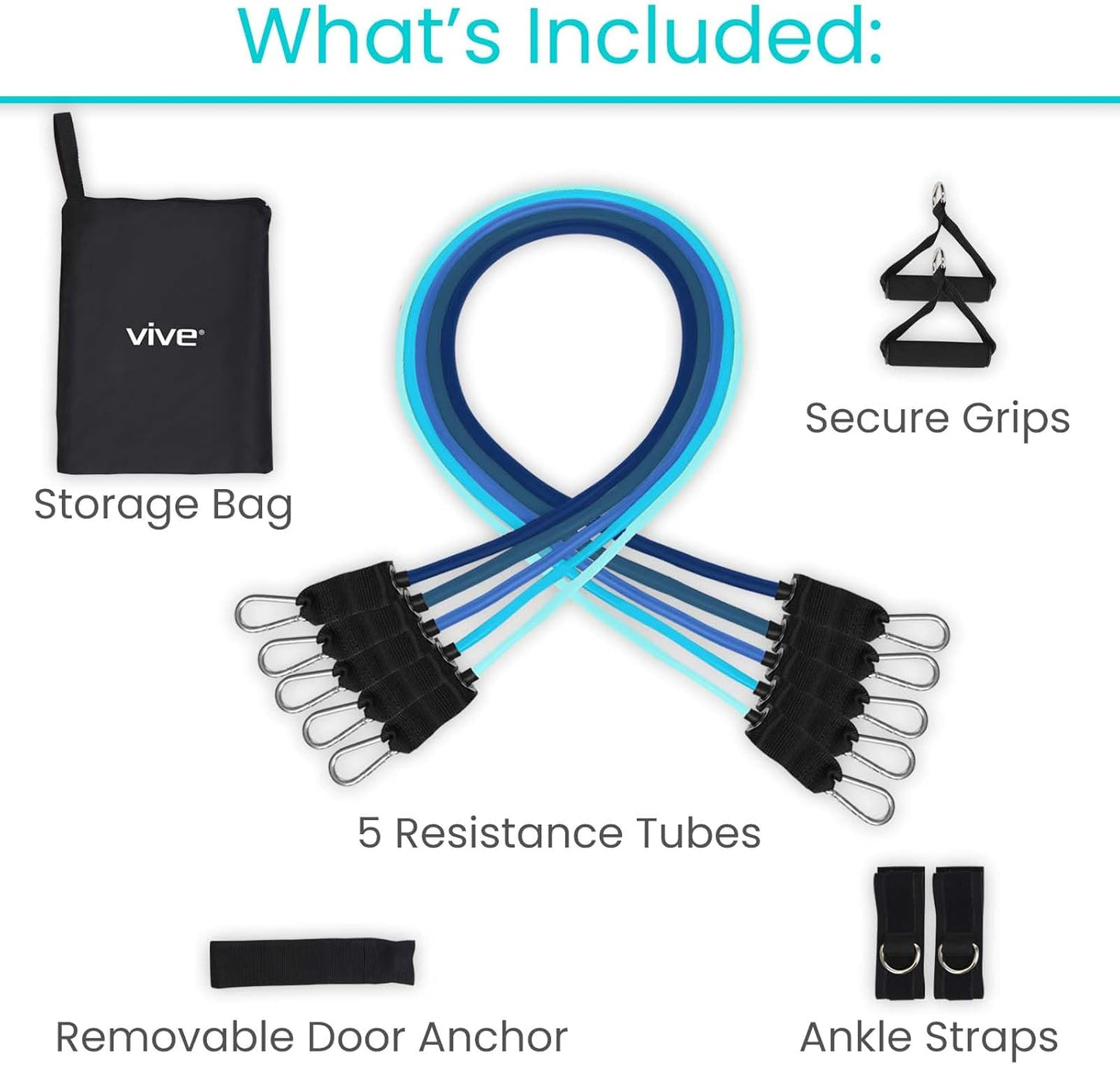 Vive Resistance Bands with Handles (11 Pcs) - Tube Rehab Band Set - Shoulder Pulley Door Anchor - 2 to 70 LBs Tension - Home Workout Elastic Fitness Equipment - Men, Women Training Therapy