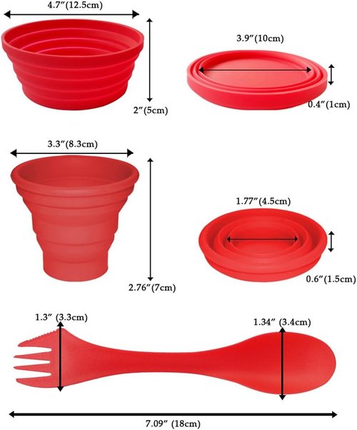 Ecoart Silicone Collapsible Bowl Cup Set with Spork for Outdoor Camping Hiking Travel - Set of 3