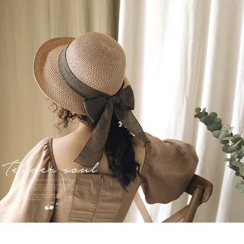 Straw Sun Hats for Women Wide Brim Bow Ribbons Roll Up Bucket UPF 50+ Foldable Sun Hat with Strap UV Protection Summer Travel Beach Khaki