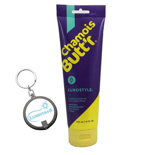 Lumintrail Chamois Butt'r Cooling Anti Chafing Cream Eurostyle - 8 Fl. Oz. Tube Bundle with a Keychain Light