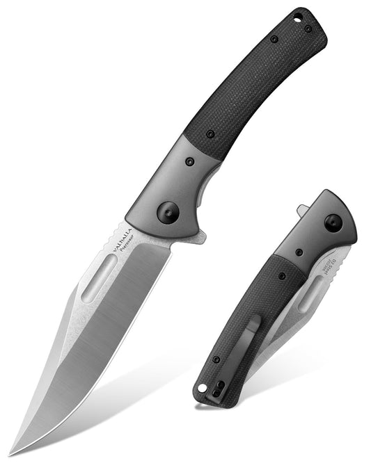 VALHALLA PTEROSAUR Pocket Knife, 3.9'' D2 Steel Folding Knife with Micarta Handle, Pocket Knife for Men, Cool Knives, Hunting Knife, Gifts for Men (BLACK)