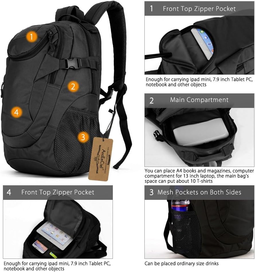 ArcEnCiel Motorcycle Backpack Tactical Military Bag for Outdoor Hiking Camping Trekking - Rain Cover+Patch Included