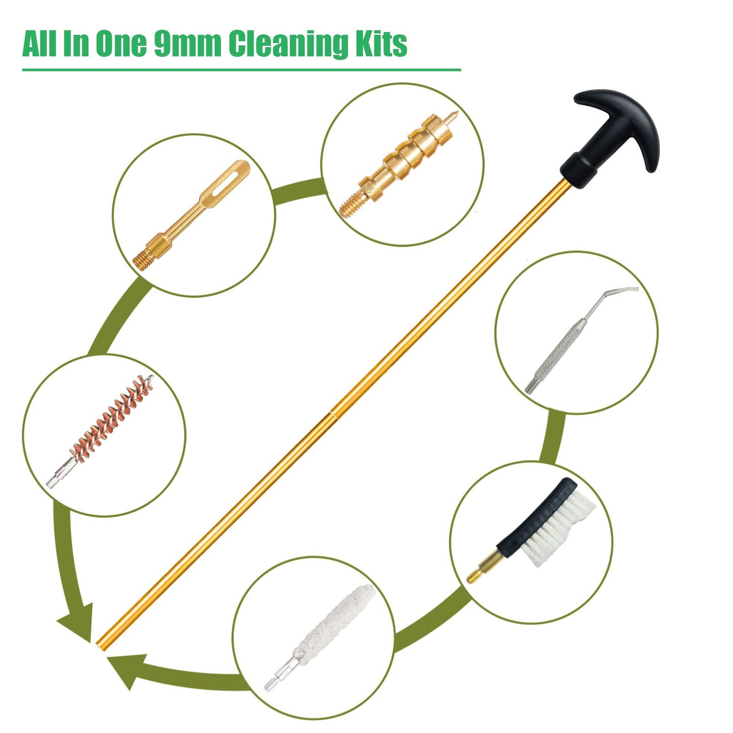 Funryer 9mm Pistol Cleaning Kit, Gun Cleaning Kits for .357 .38 Caliber with 9mm Gun Snake, Bronze Bore Brush, Brass Jag, Oil Bottle for Shooting