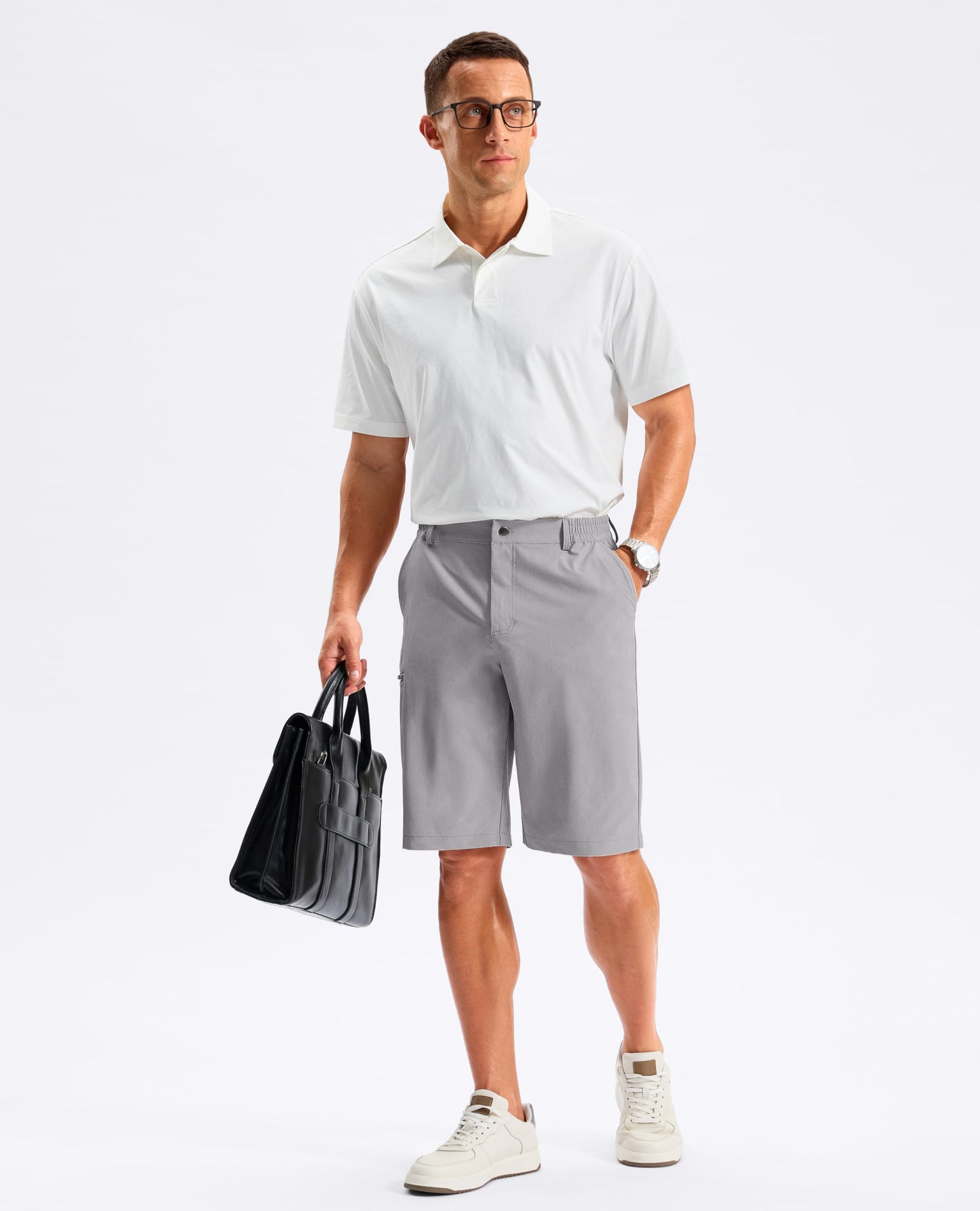 G Gradual Men's Golf Shorts 11" Long with 4 Pockets Lightweight Knee Length Elastic Waist Quick Dry Casual Dress Work Shorts (Light Grey, L)