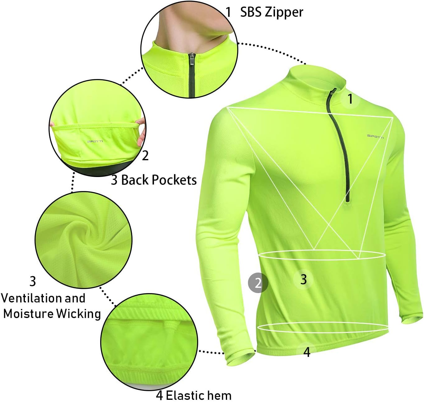 Spotti Men's Cycling Bike Jersey Long Sleeve with 3 Rear Pockets - Moisture Wicking, Breathable, Quick Dry Biking Shirt