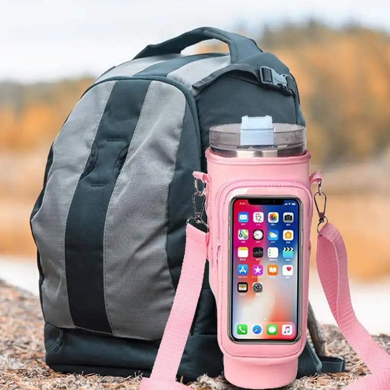 Generic Water Bottle Carrier Bag with Touchable Screen Phone Pocket for Stanley 40oz Tumbler - Neoprene Holder with Adjustable Strap and Straw Cover for Stanley Cup., Pink