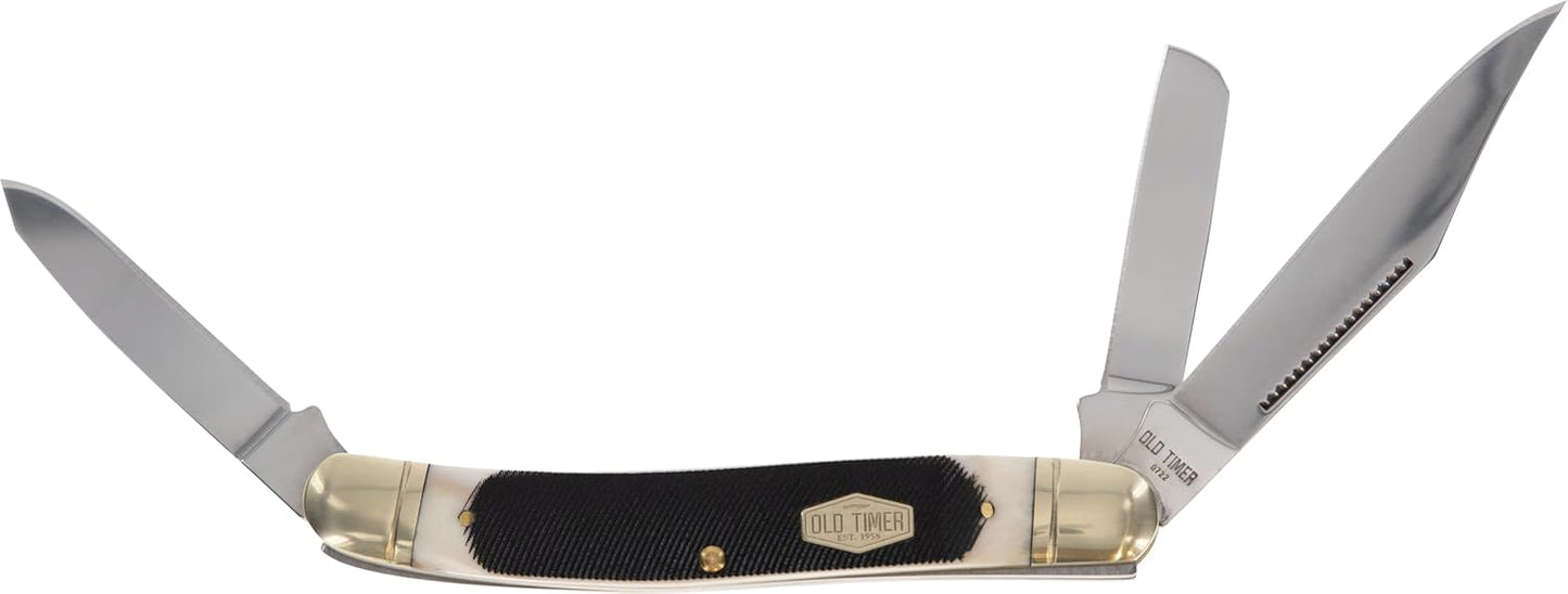 Old Timer 858OTB Genuine Bone Lumberjack Stockman Traditional Folding Pocket Knife with 3 Mirror-Polished High Carbon SS Blades, and Ergonomic Handle for EDC, Camping, Whittling, Hunting, and Outdoor
