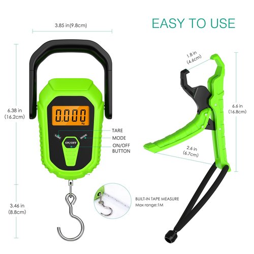 ORIA Digital Fish Scale with Lip Gripper, 110lb/50kg Waterproof Fish Scale with 38'' Built-in Tape Measure, LCD Backlit, Portable Hanging Luggage Scale with 3 Units, Batteries, for Home, Outdoor