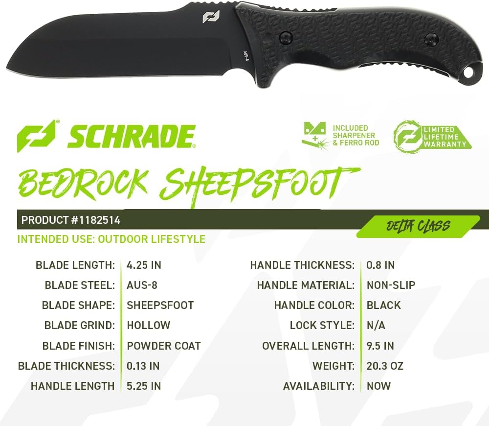 Schrade Delta Class Bedrock Sheepsfoot Fixed Blade with 10.4in Stainless Steel Blade, TPE Handle for Outdoor Survival, Camping, Bushcraft