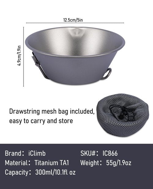 iClimb Titanium Bowl with Foldable Handle Ultralight Compact Portable Flatware Tableware with Bag for Outdoor Camping Backpacking Hiking Travel Picnic