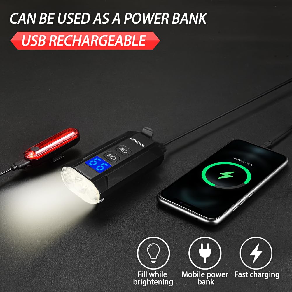 JEWHUN 1200 Lumen LED Bike Lights for Night Riding,Super Bright Rechargeable Bicycle Light,High Low Beam Bike Headlight, LCD Display, 13+4 Modes, Waterproof Front and Rear Bike Light