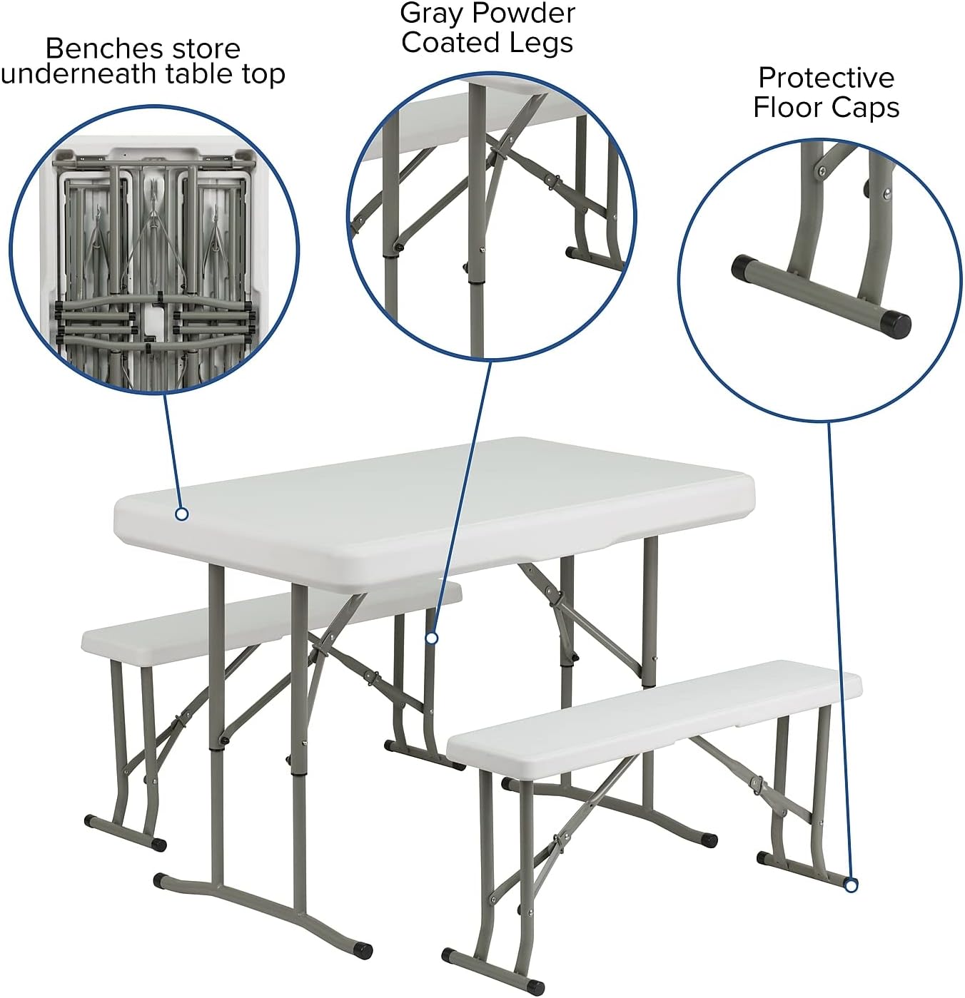 Flash Furniture Rowan 3 Piece Portable Plastic Folding Bench and Table Set,Granite White