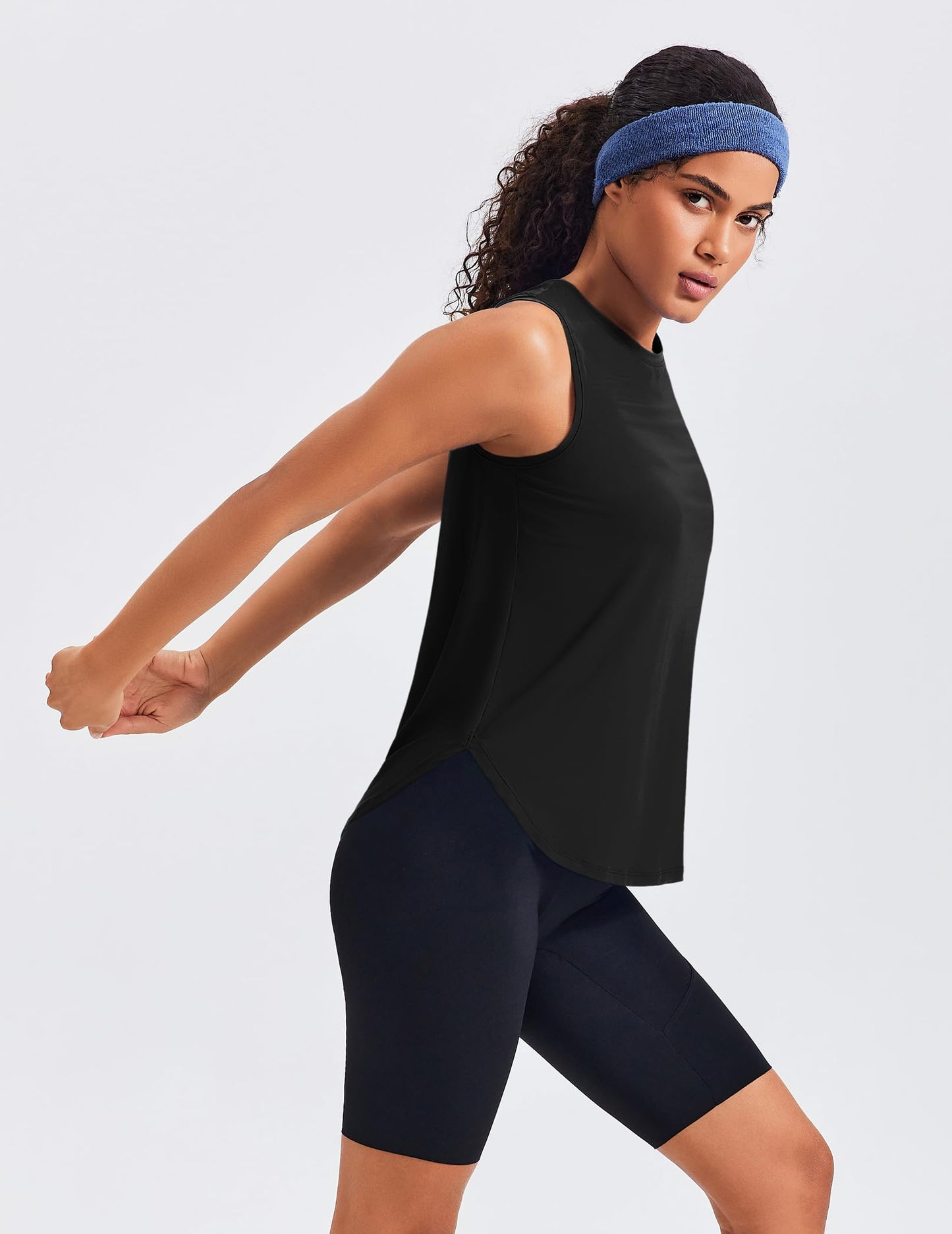 PINSPARK Women Workout Tank Tops with Back Pleat Soft Ice Silk Sleeveless Yoga Muscle Fitness Shirts Stretch Athletic Running Gym Activewear, Black L