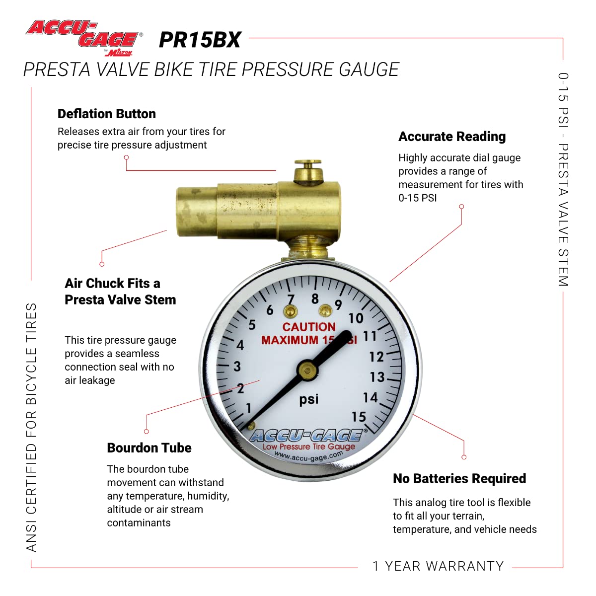 Accu-Gage by Milton Presta Valve Bike Tire Pressure Gauge with Bleeder Valve, for 0-15 PSI - ANSI Certified