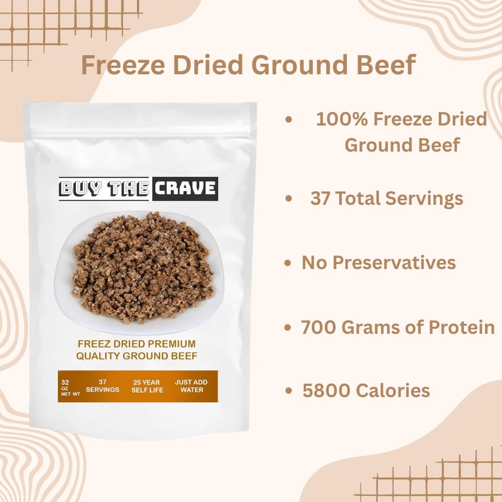 Freeze Dried USDA Ground Beef | Pre-Cooked Shelf Meat for Survival Emergency Food Supply, Meal Prep, MRE and Backpacking/Camping | Made in USA | Shelf Live 25+ Years | 32 Oz