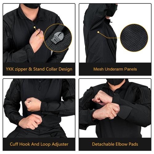 IDOGEAR Men’s Tactical Military Shirts 1/4 Zip Combat BDU Shirts Camo Long Sleeve with Pockets for Outdoor Airsoft Paintball(Black,Small)