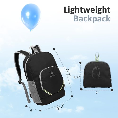 Monica Muse Hiking Backpack, 25l Lightweight Packable Travel Camping Outdoor Sports Backpack, Water Resistant Foldable Travel Daypack for Men Women, Black
