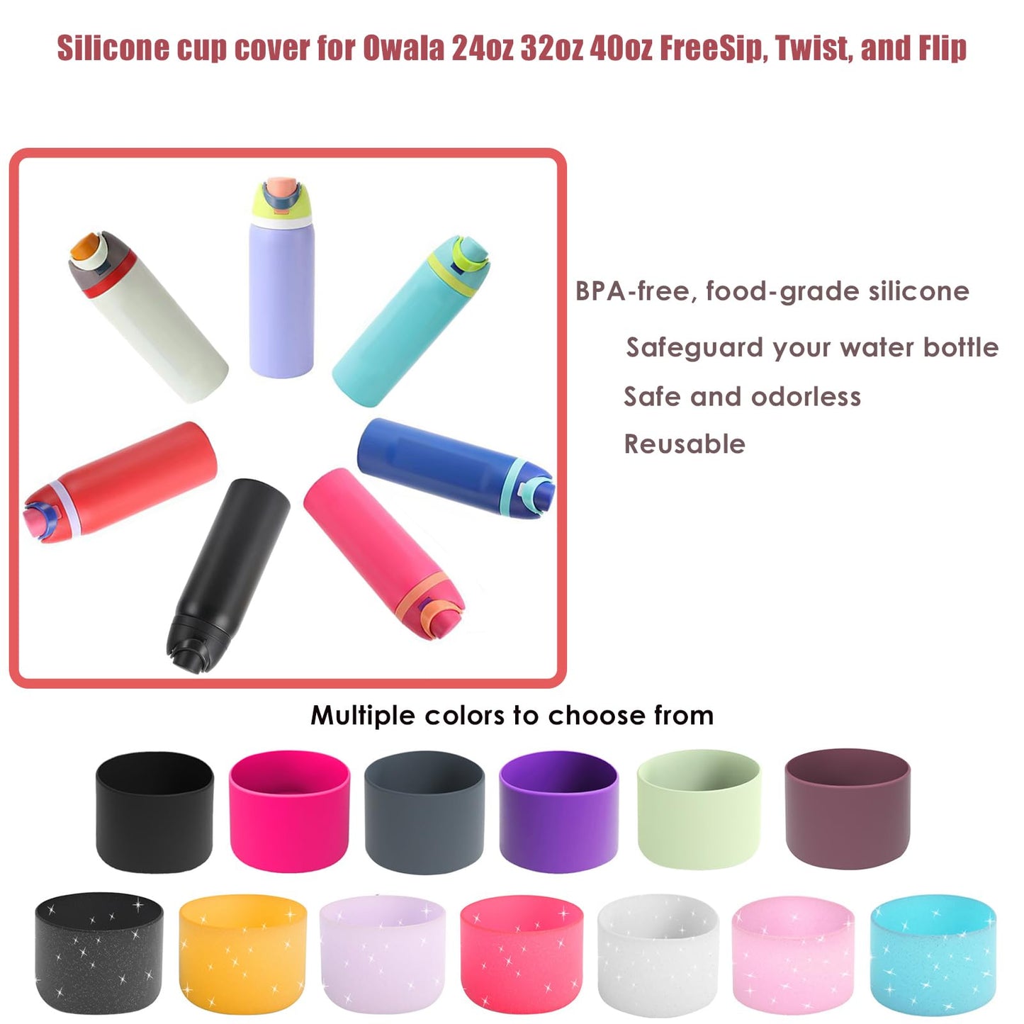 FFIHTY 2PCS Upgrade Silicone Boot Suitable for Owala 24oz 32oz 40oz FreeSip, Twist, and Flip Stainless Steel Water Bottle, Anti-Slip Protective Sleeve Bottom Bumper Water Bottles