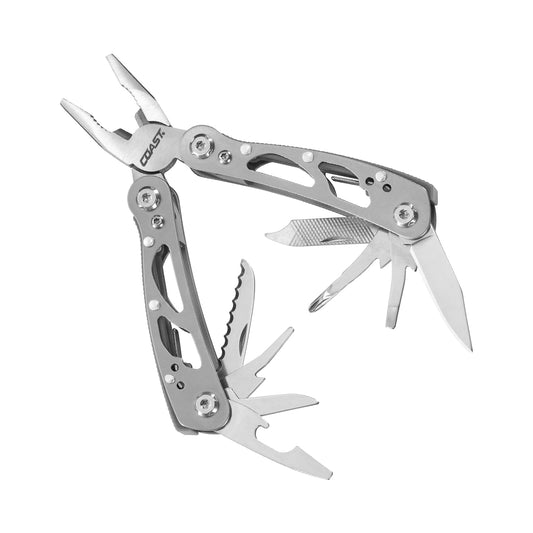 COAST CT211 11-in-1 Stainless Steel Multi-Tool, Multi-Plier, Wire Cutter, Serrated knife, Mini Knife, 3 Screwdrivers, File, Nail Cleaner, Leather Punch and Bottle Opener - EDC
