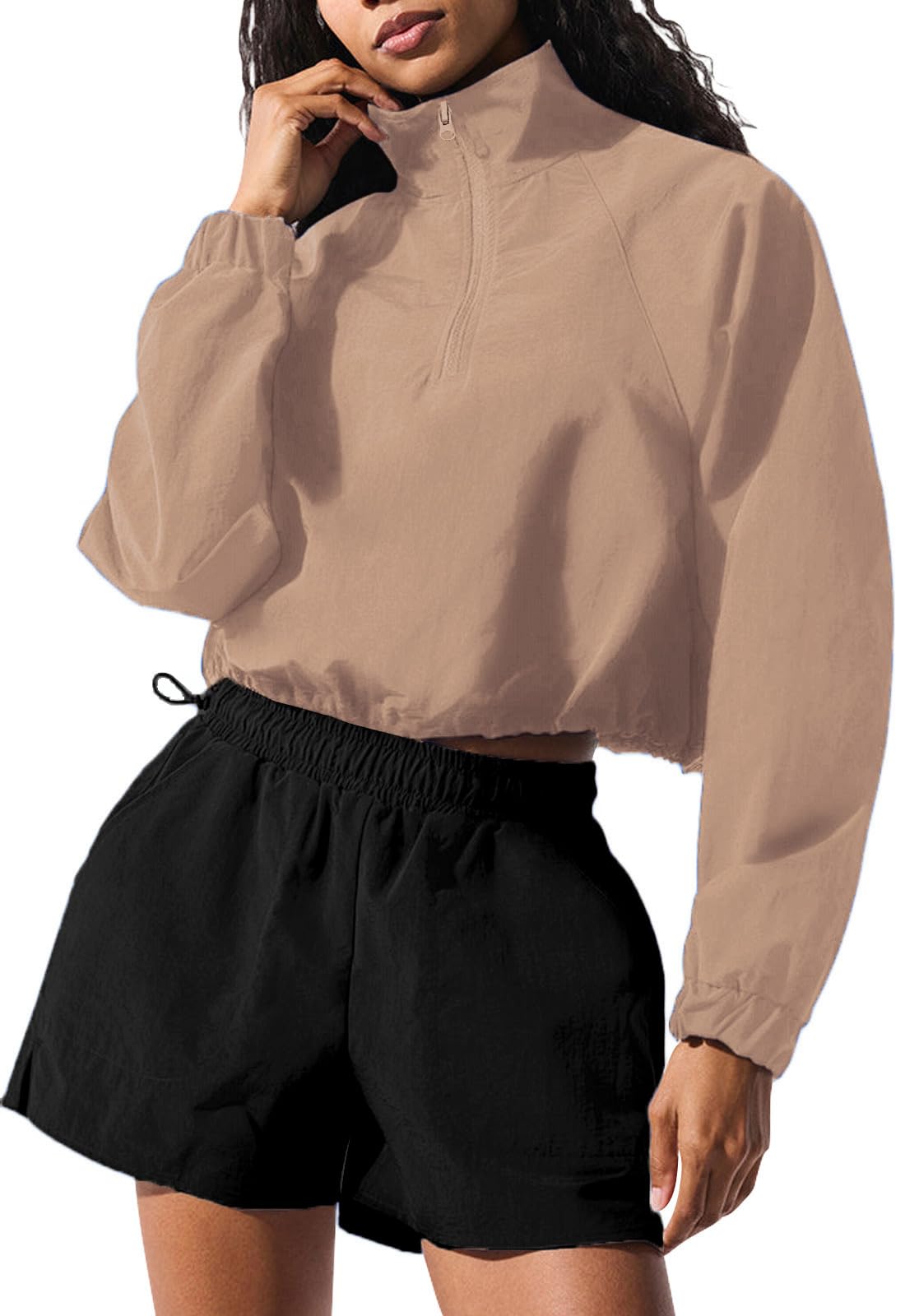INFITTY Women's Workout Jacket Lightweight Zip Up Yoga Jacket Cropped Athletic Casual Loose Pullover Tops Cream Coffee L