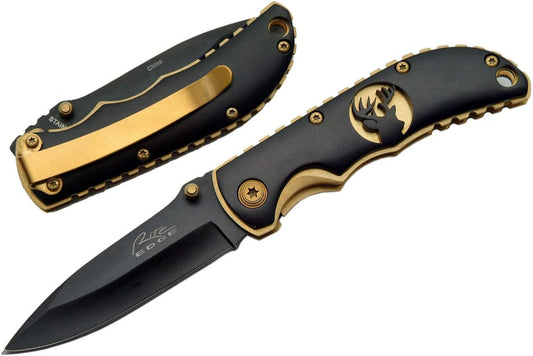 Rite Edge Folding Pocket Knife, Black & Gold Deer Design, 3.5" Compact Stainless Steel Blade, EDC with Pocket Clip