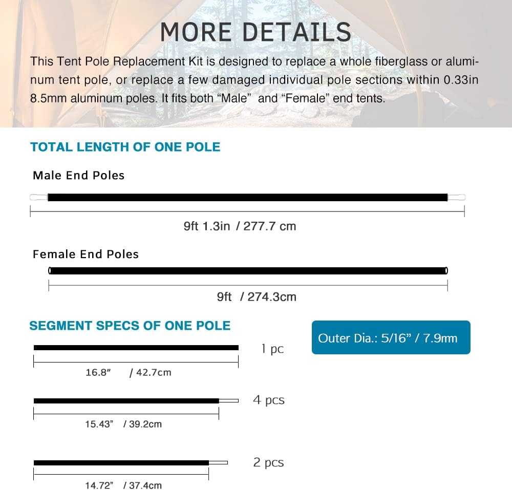 Aluminum Tent Poles Replacement, Fits Both Female and Male Ends, Lightweight Tent Pole Repair Kit, 7001 Aluminum Alloy T6 Heated