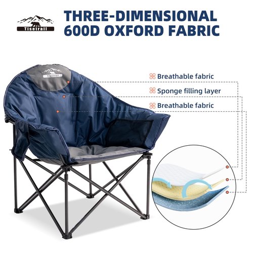 Tisetrail Oversized Camping Chair Padded Moon Round Saucer Chair with Cup Holder and Carry Bag Folding Comfy Sofa Chair for Lawn Patio Sports, Supports 500lbs, Blue & Gray