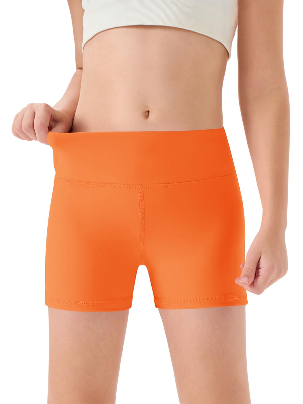 Haloumoning Girls Athletic Shorts Kids High Waisted Yoga Dance Biker Shorts Comfy Gymnastics Shorts 5-14Y Orange