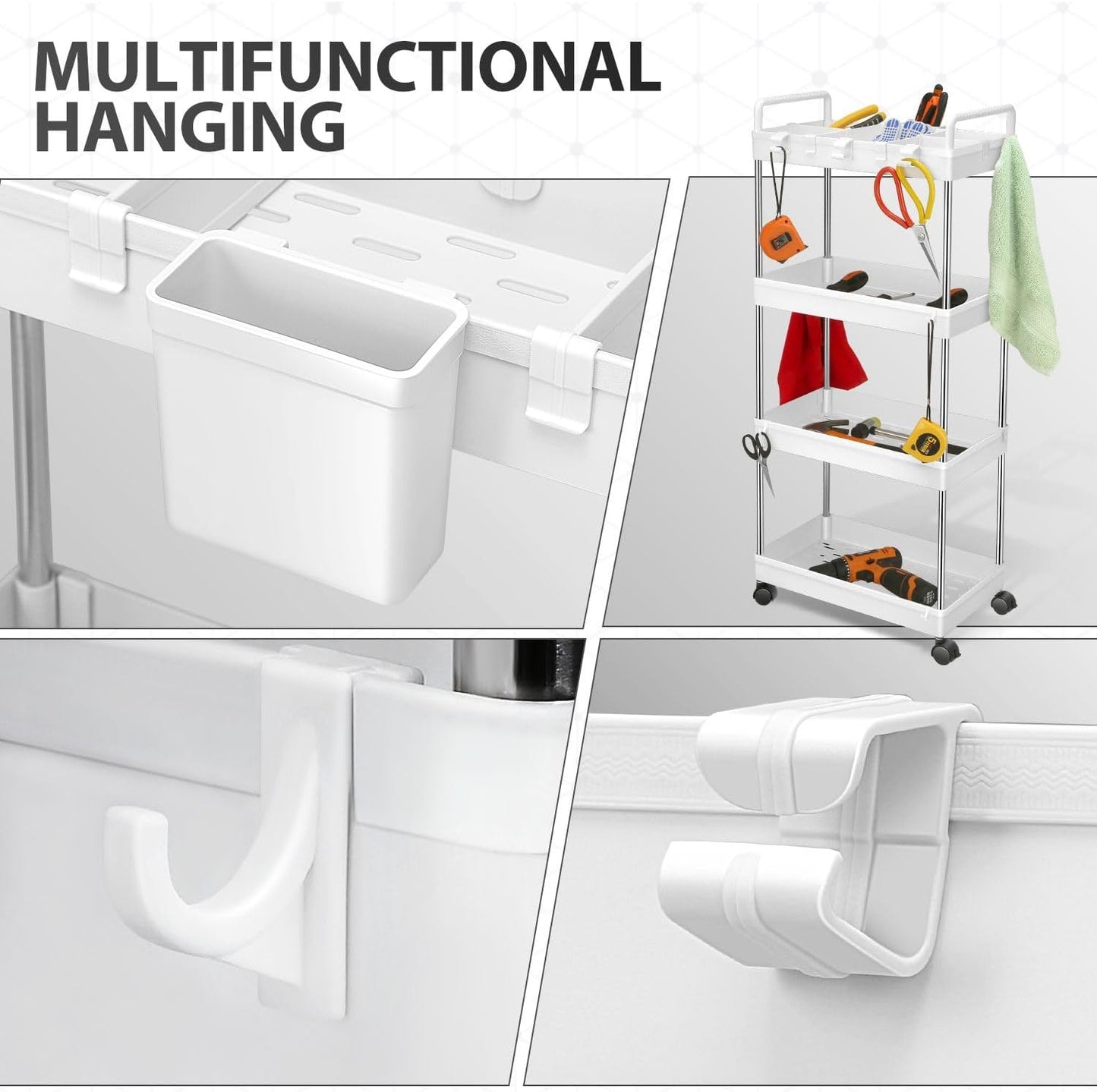DNA MOTORING 3 Tier Slim Rolling Storage Cart, Plastic Utility Cart Organizer, Mobile Shelving Unit Utility Cart for Garage, Warehouse, Kitchen, Bathroom, Narrow Space, w/Wheel, White, TOOLS-00797-WH