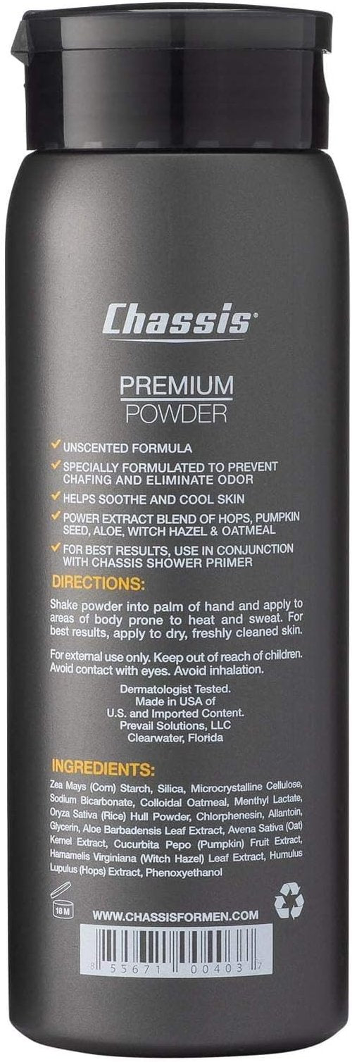 Chassis Unscented Powder for Men, Premium Natural Body Powder with Odor-Absorbing Formula, Non-Talcum Powder Free of Aluminum, Menthol, and Parabens, Anti-Chafing Powder to Reduce Sweat